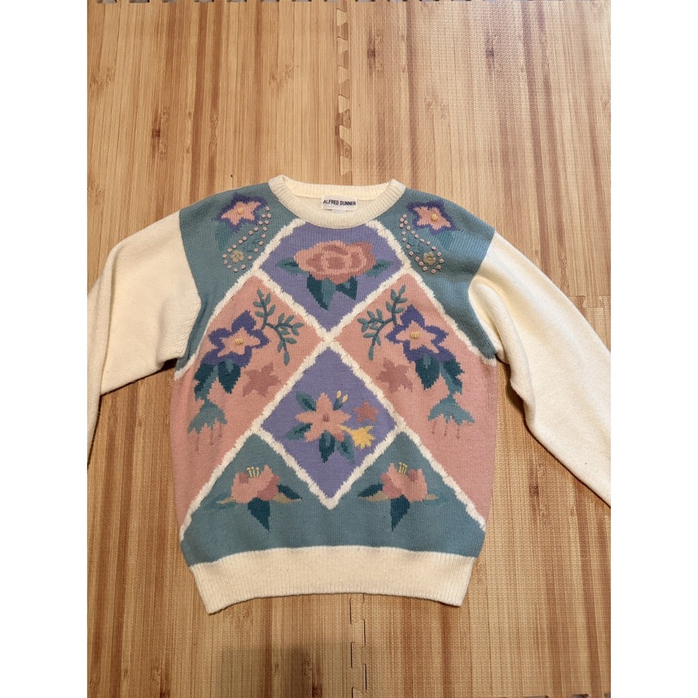 Vtg Alfred Dunner Pastel Floral Diamond Sweater XL Geometric Grannycore Boho